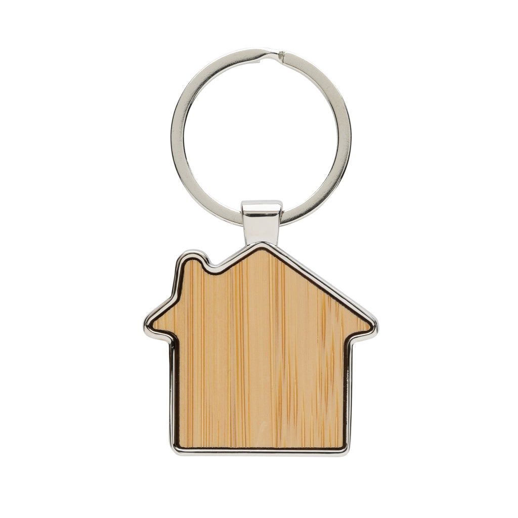 Sleutelhanger huisvorm, zinklegering met bamboe, zilver