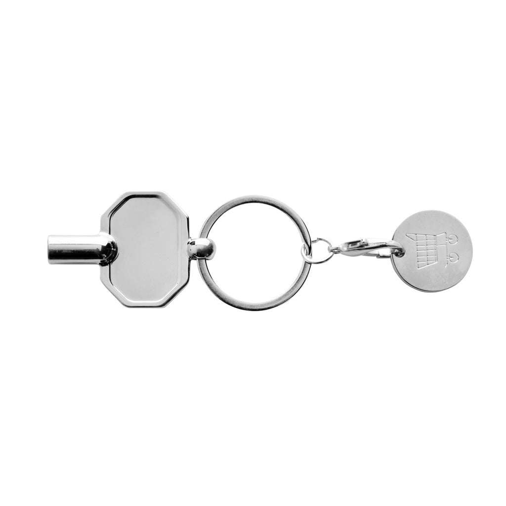 Sleutelhanger met radiatorsleutel en winkelwagenmunt, zilver