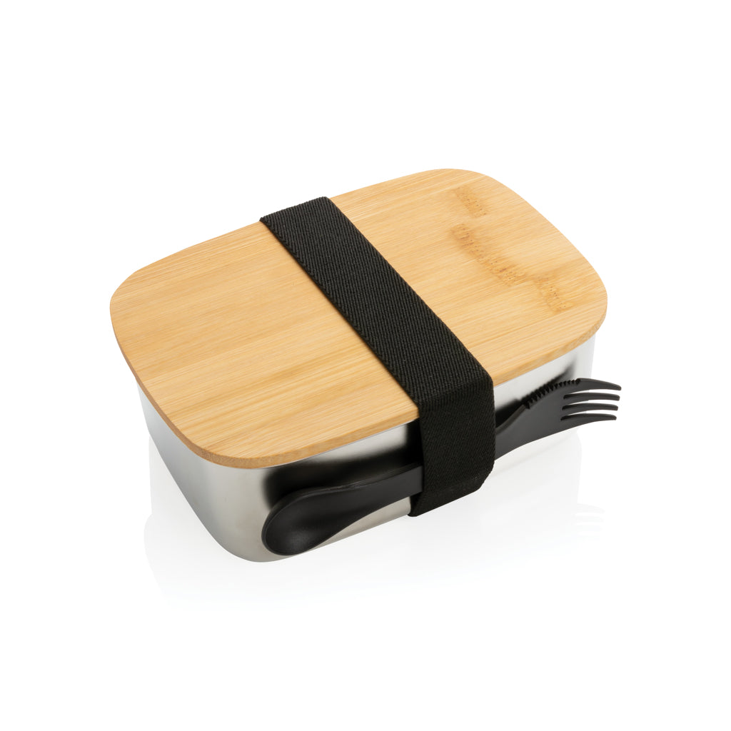 Lunchbox RVS met bamboe deksel, zilver