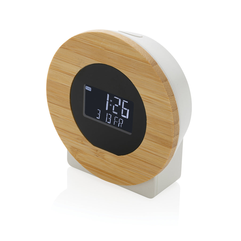 Bureauklok LCD, gerecycled kunststof en bamboe, bruin