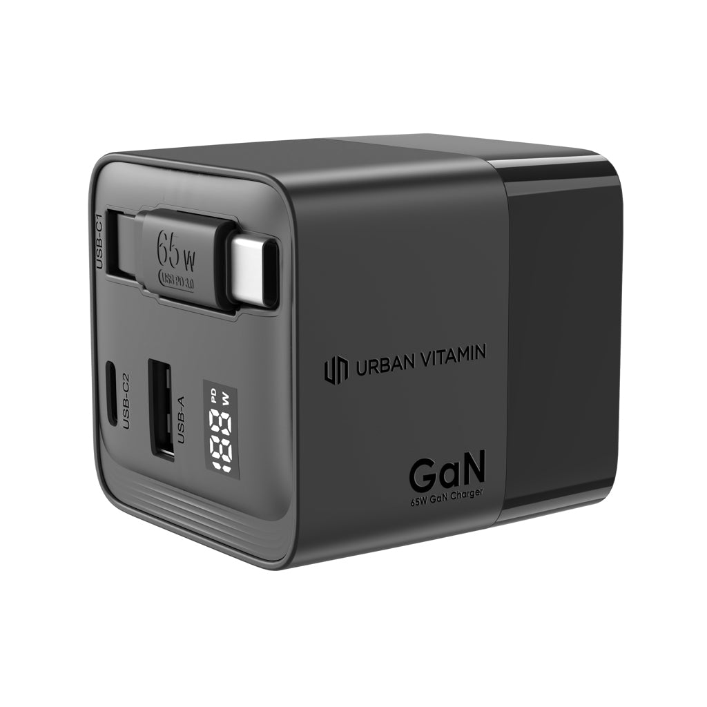 GaN-lader 65W met intrekbare kabel, zwart