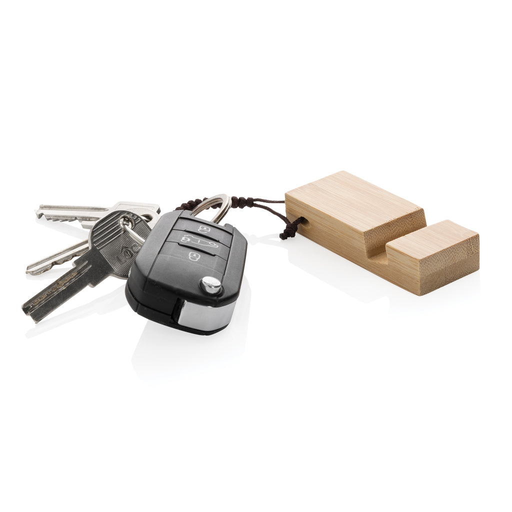 Sleutelhanger met telefoonstandaard, bamboe, bruin