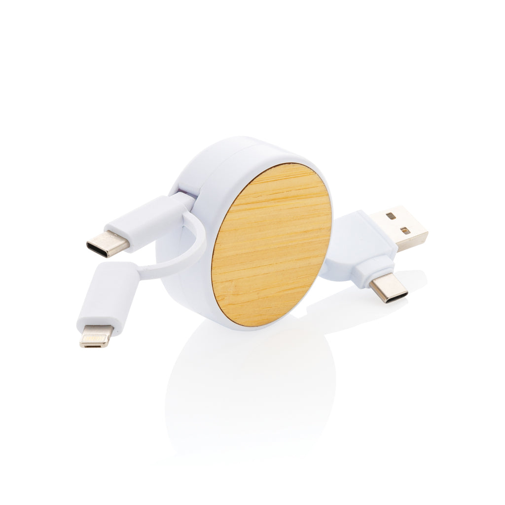 Oplaadkabel 4-in-1, oprolbaar, bamboe accent, wit