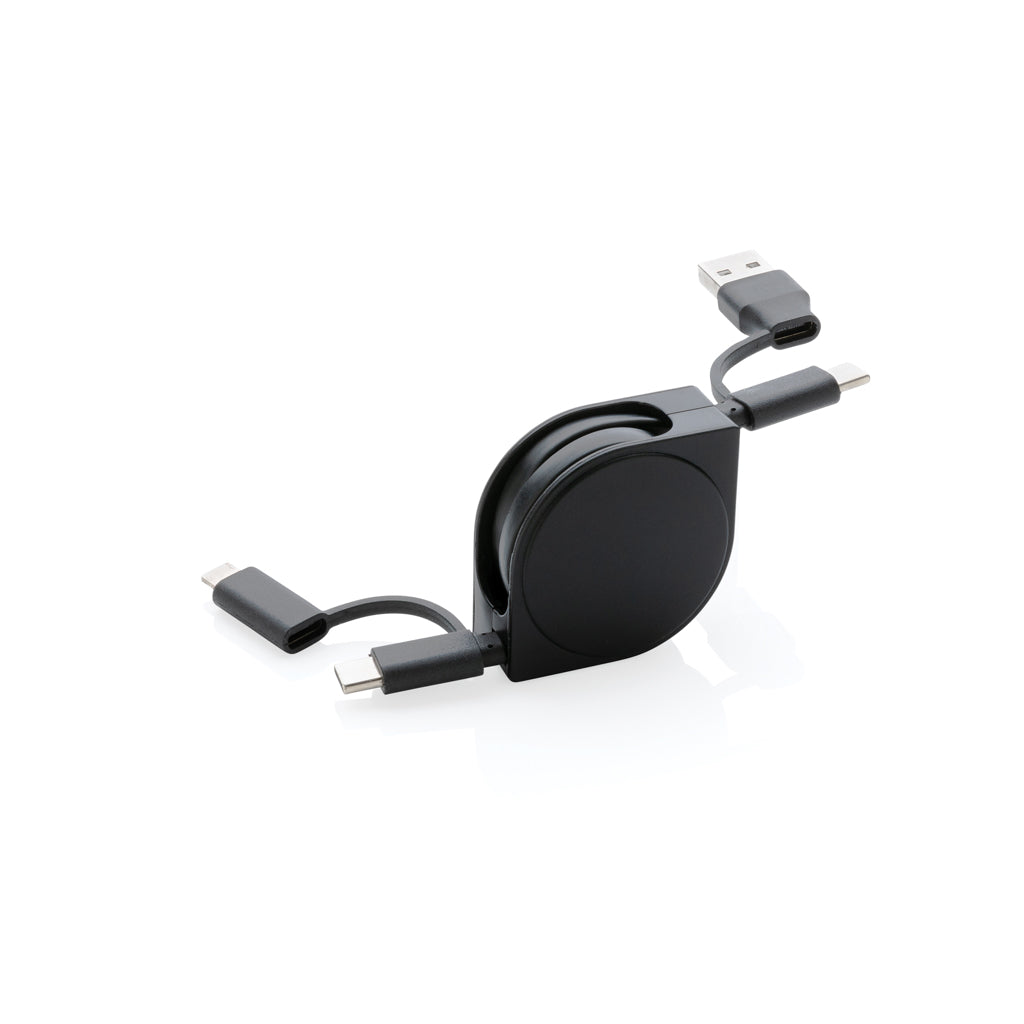 Intrekbare 4-in-1 laadkabel met 5 aansluitingen, zwart