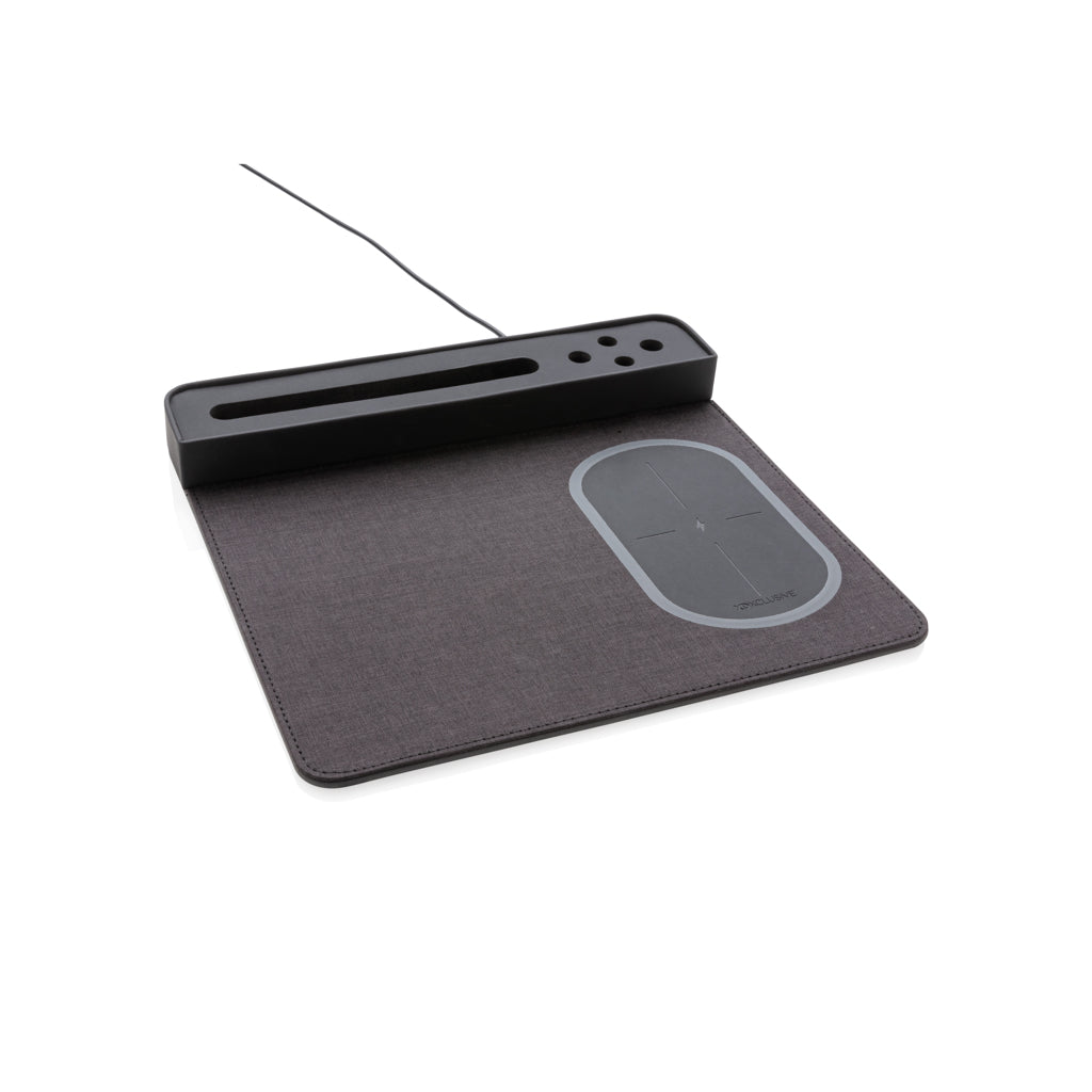 Muismat met draadloze oplader 5W en pennenhouders, zwart
