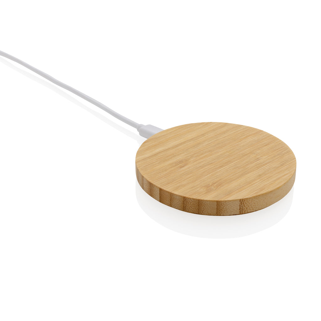 Draadloze oplader 15W, rond en van bamboe, bruin