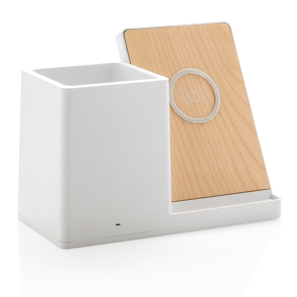 Draadloze oplader 10W met pennenhouder en bamboe oplaadvlak, wit