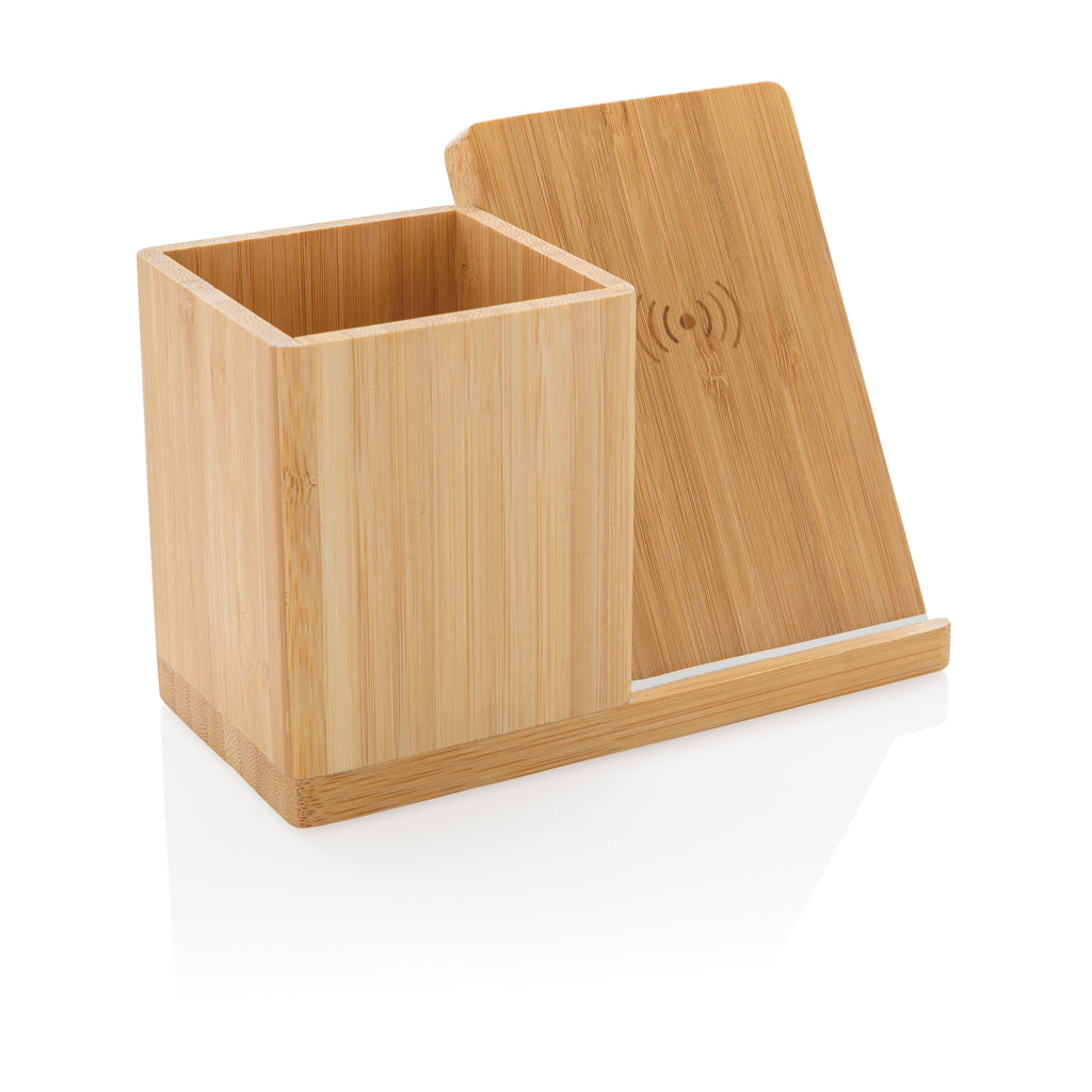 Draadloze snellader 10W met pennenhouder, volledig bamboe, bruin