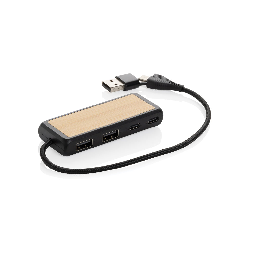 USB-hub met 4 poorten, bamboe en gerecycled kunststof, zwart