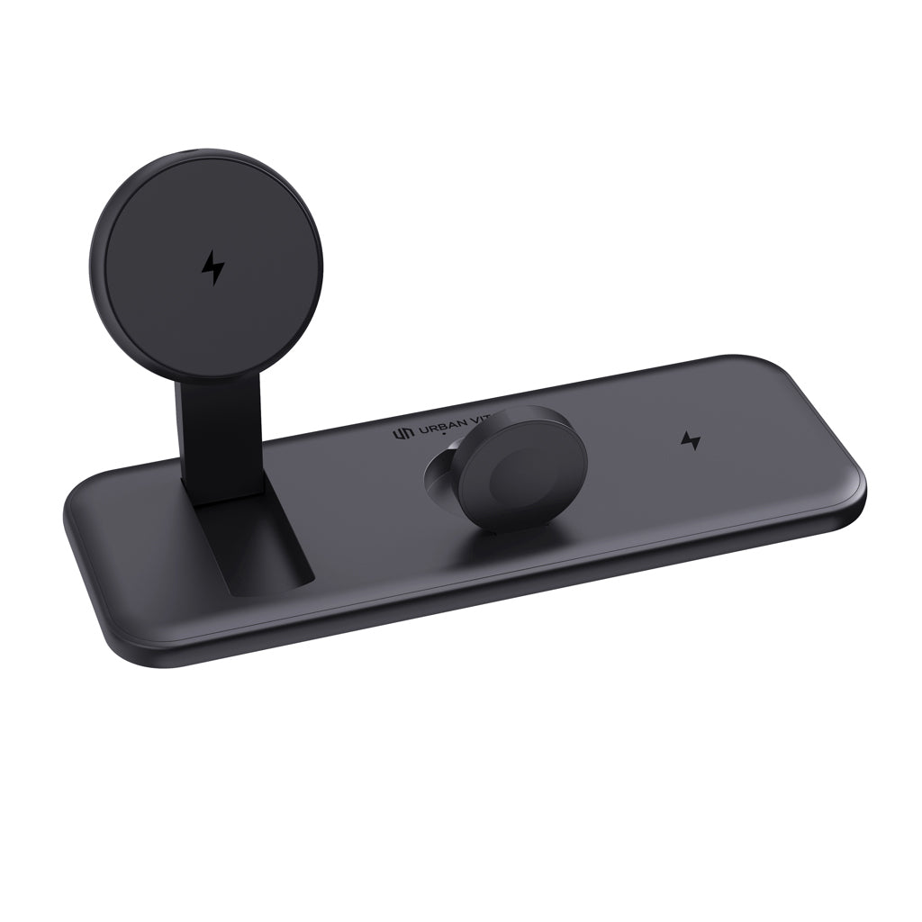 3-in-1 magnetische oplader 15W, als standaard of plat, zwart