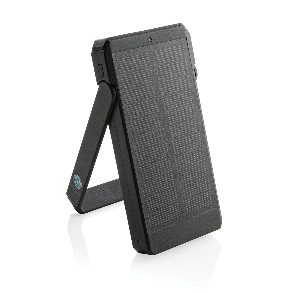 Zonne-powerbank 10.000 mAh met standfunctie, gerecycled kunststof, zwart