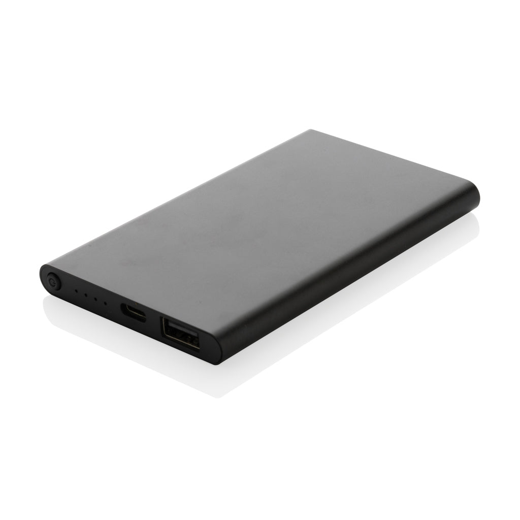 Platte powerbank 4.000 mAh van gerecycled aluminium en kunststof, zwart