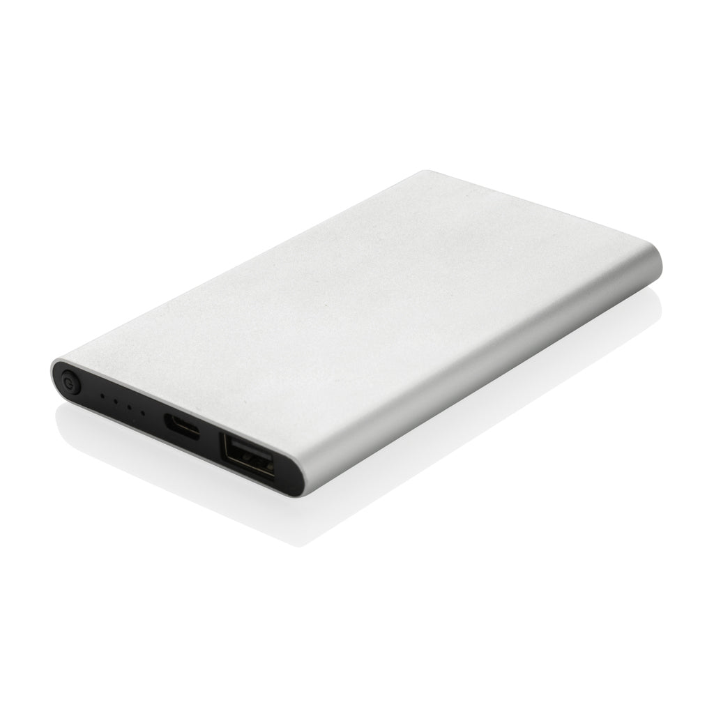 Platte powerbank 4.000 mAh van gerecycled aluminium en kunststof, zilver