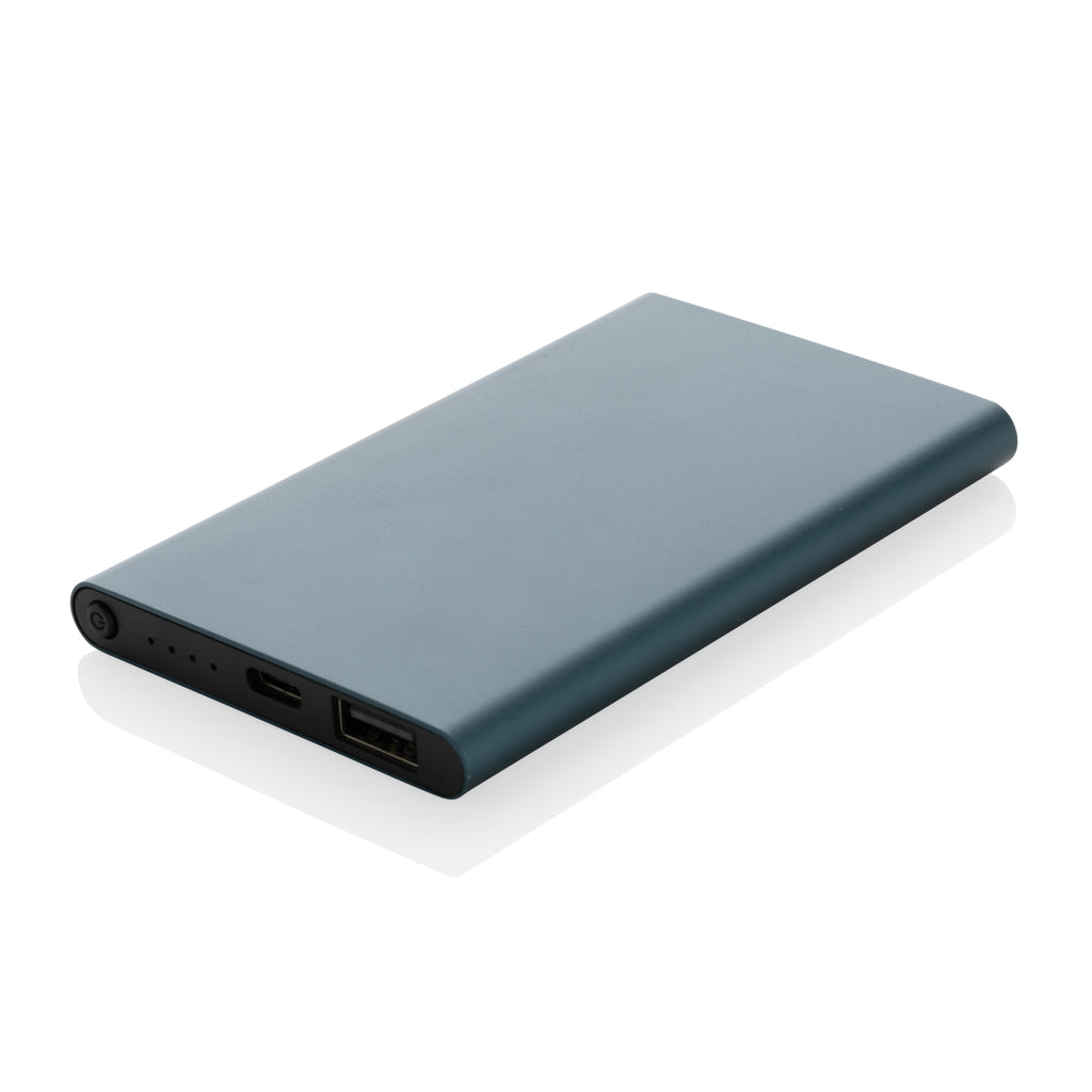 Platte powerbank 4.000 mAh van gerecycled aluminium en kunststof, blauw