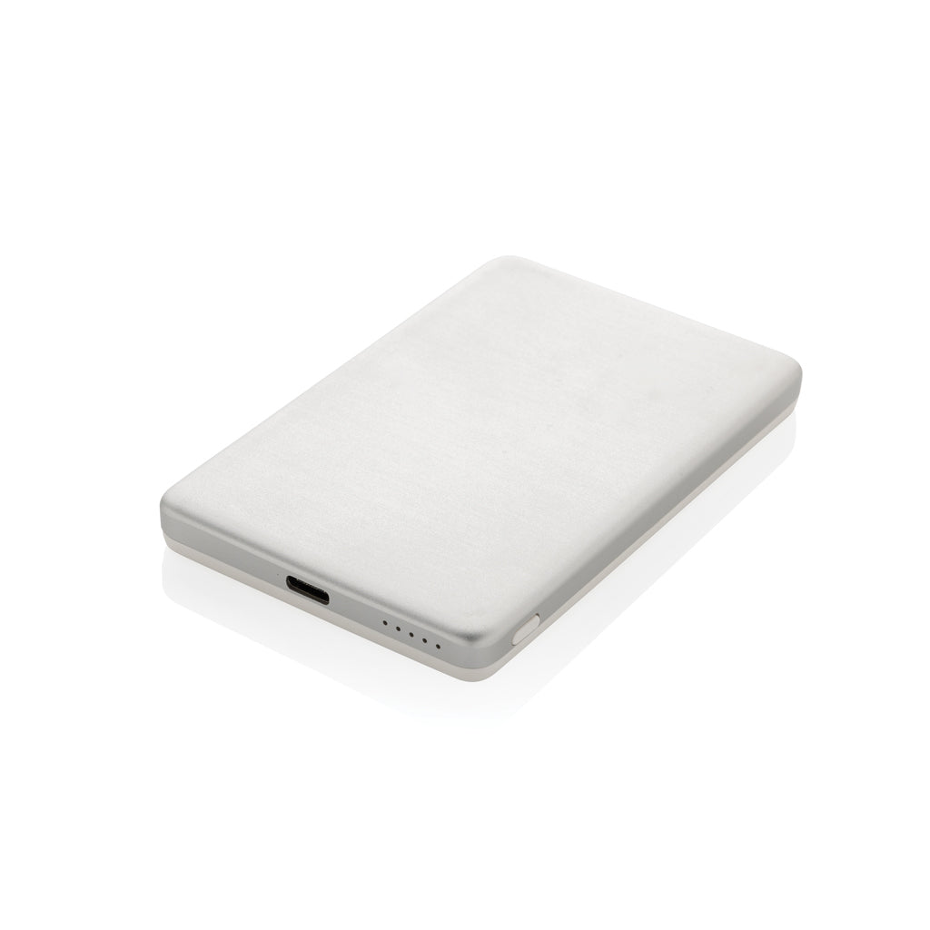 Ultradunne magnetische powerbank 5.000 mAh, gerecycled aluminium, zilver