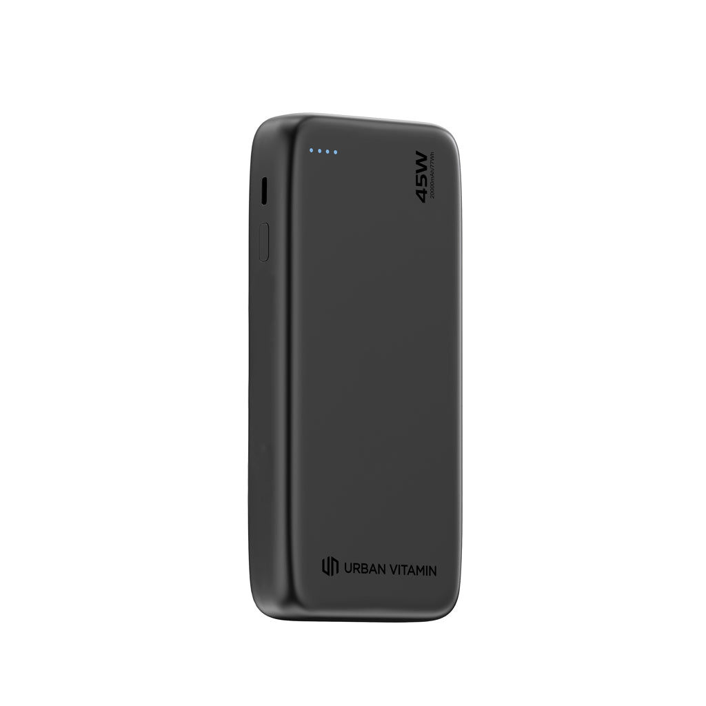 Powerbank 20.000 mAh met intrekbare USB-C-kabel, drie uitgangen, zwart