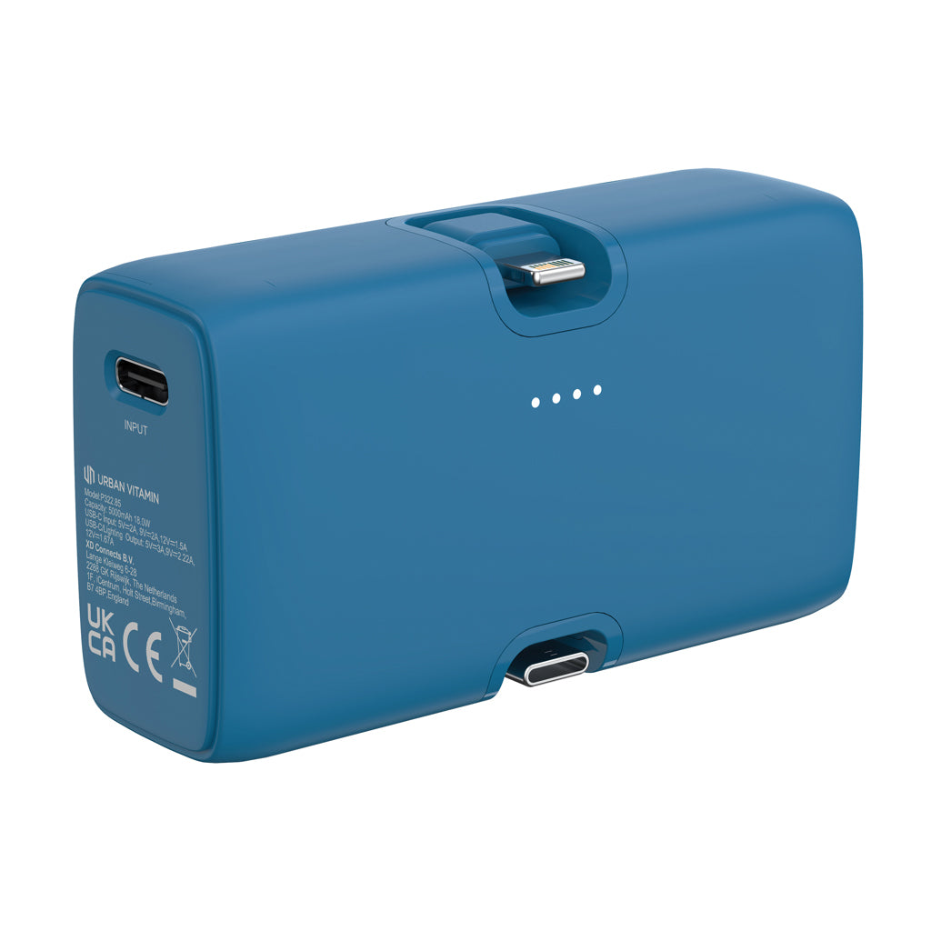 Powerbank 5.000 mAh met ingebouwde iOS-connector en type C, blauw