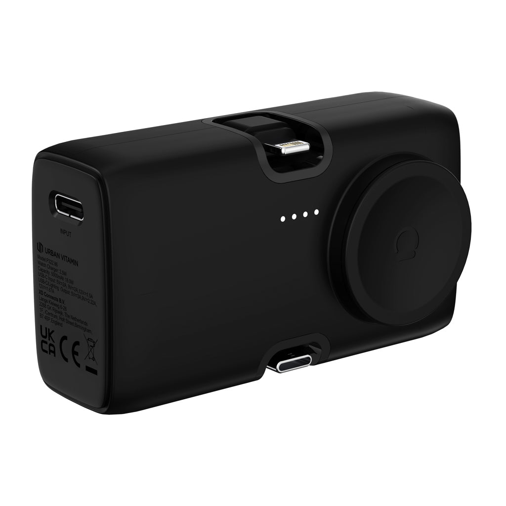 Powerbank 5.000 mAh met iOS-connector en horlogelader, zwart
