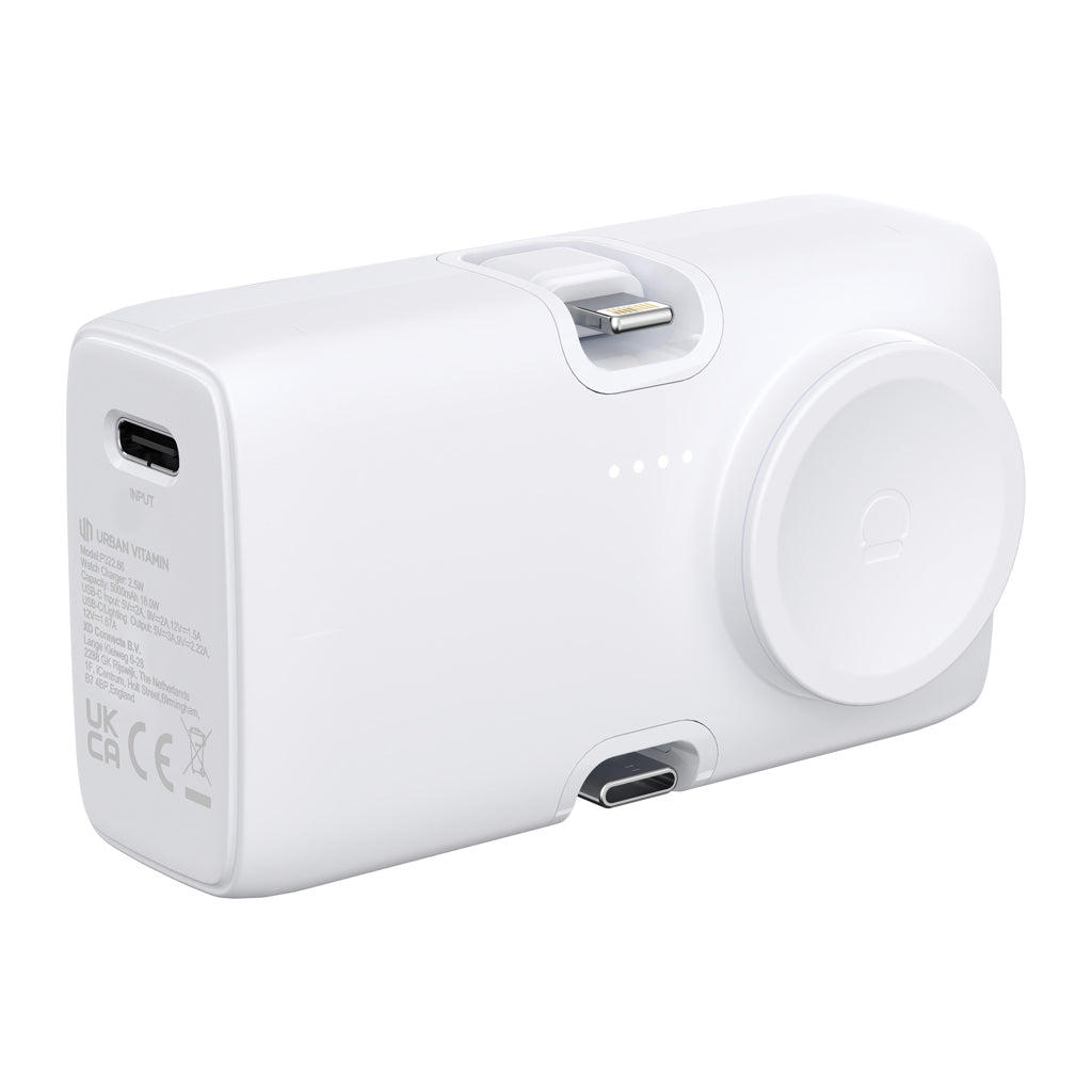 Powerbank 5.000 mAh met iOS-connector en horlogelader, wit
