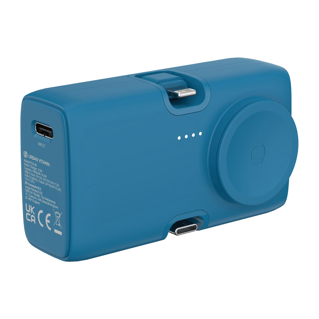 Powerbank 5.000 mAh met iOS-connector en horlogelader, blauw