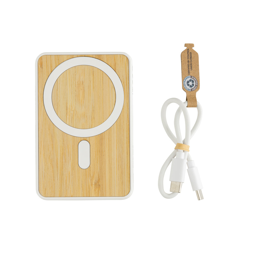 Magnetische powerbank 5.000 mAh met telefoonstandaard, bamboe, wit