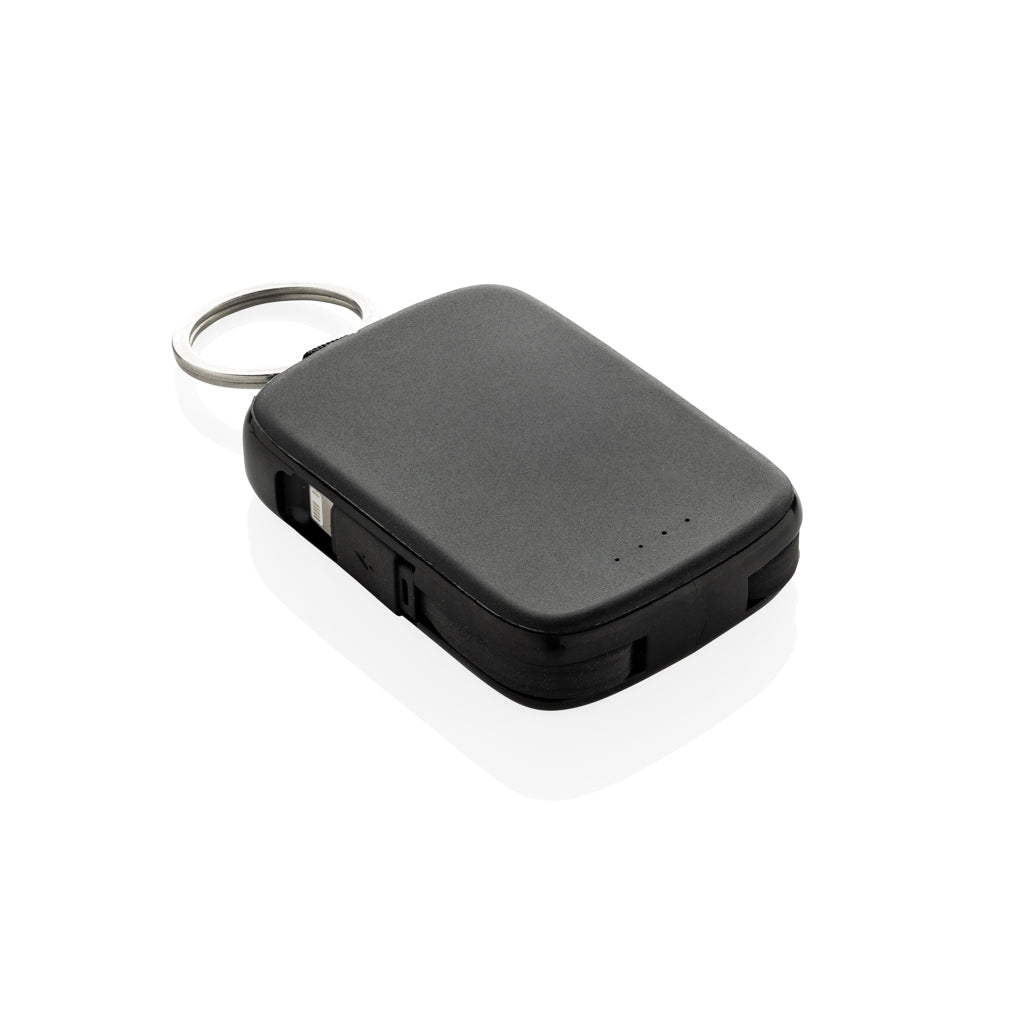 Sleutelhanger-powerbank 2.000 mAh met ingebouwde kabels, zwart