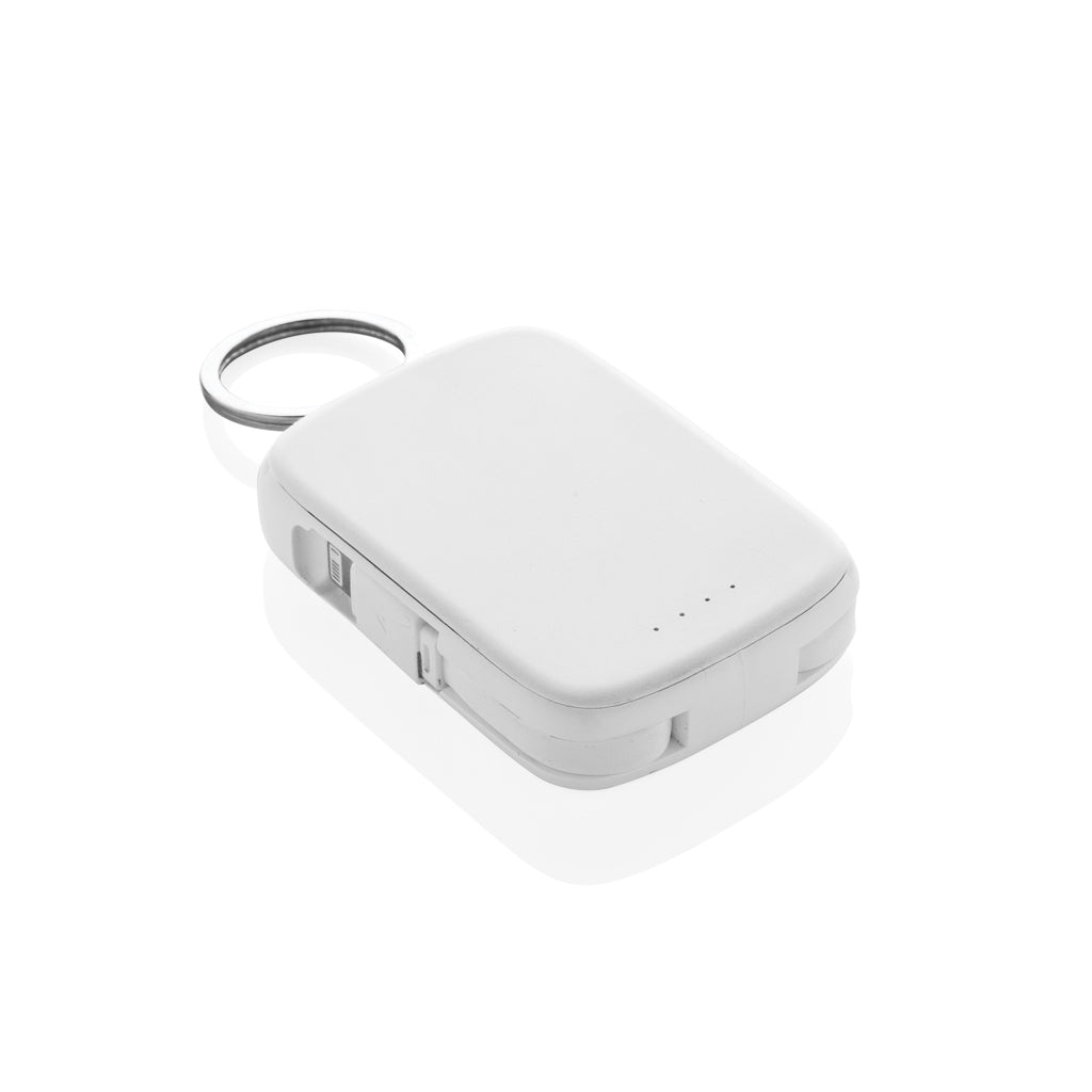 Sleutelhanger-powerbank 2.000 mAh met ingebouwde kabels, wit