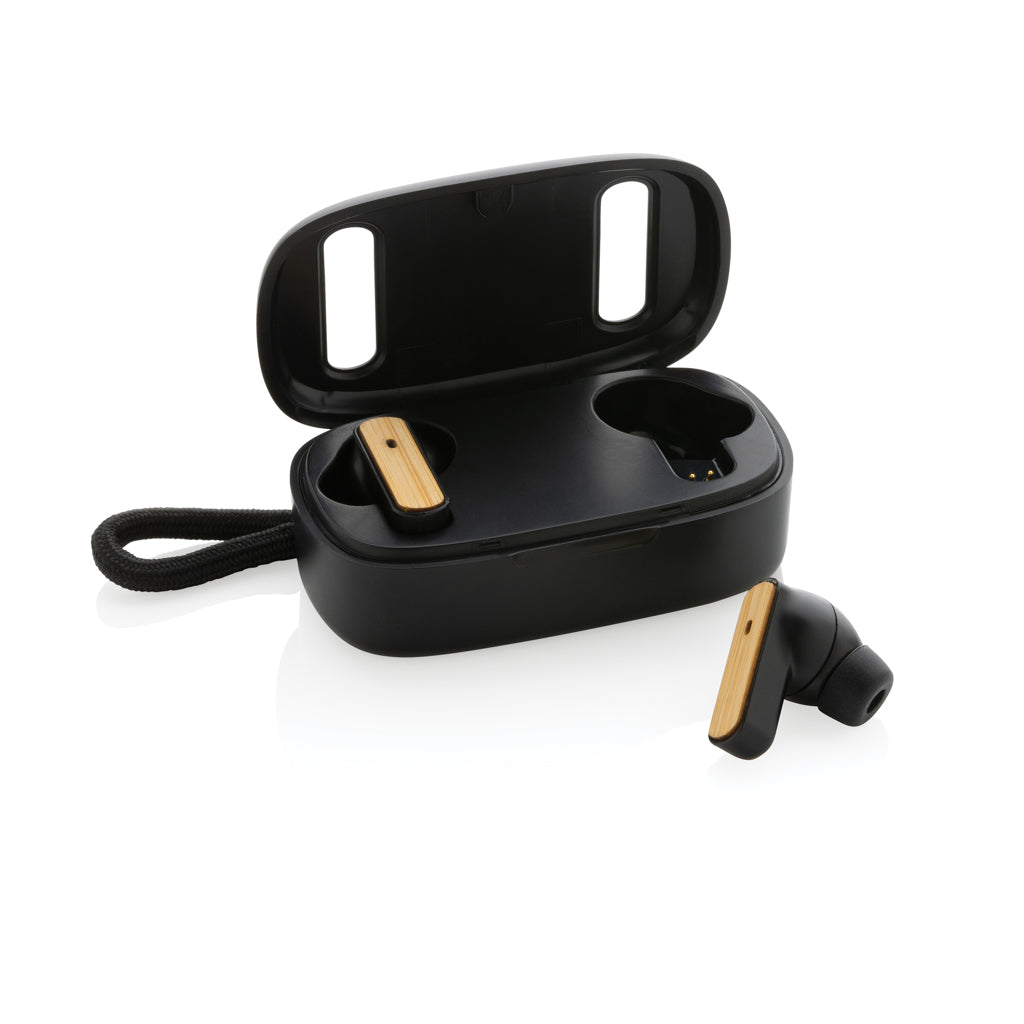 TWS-oordoppen met bamboe accent, 58% gerecycled plastic, zwart