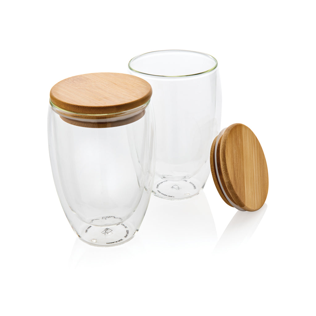 Set van twee dubbelwandige glazen 350 ml met bamboe deksel, transparant