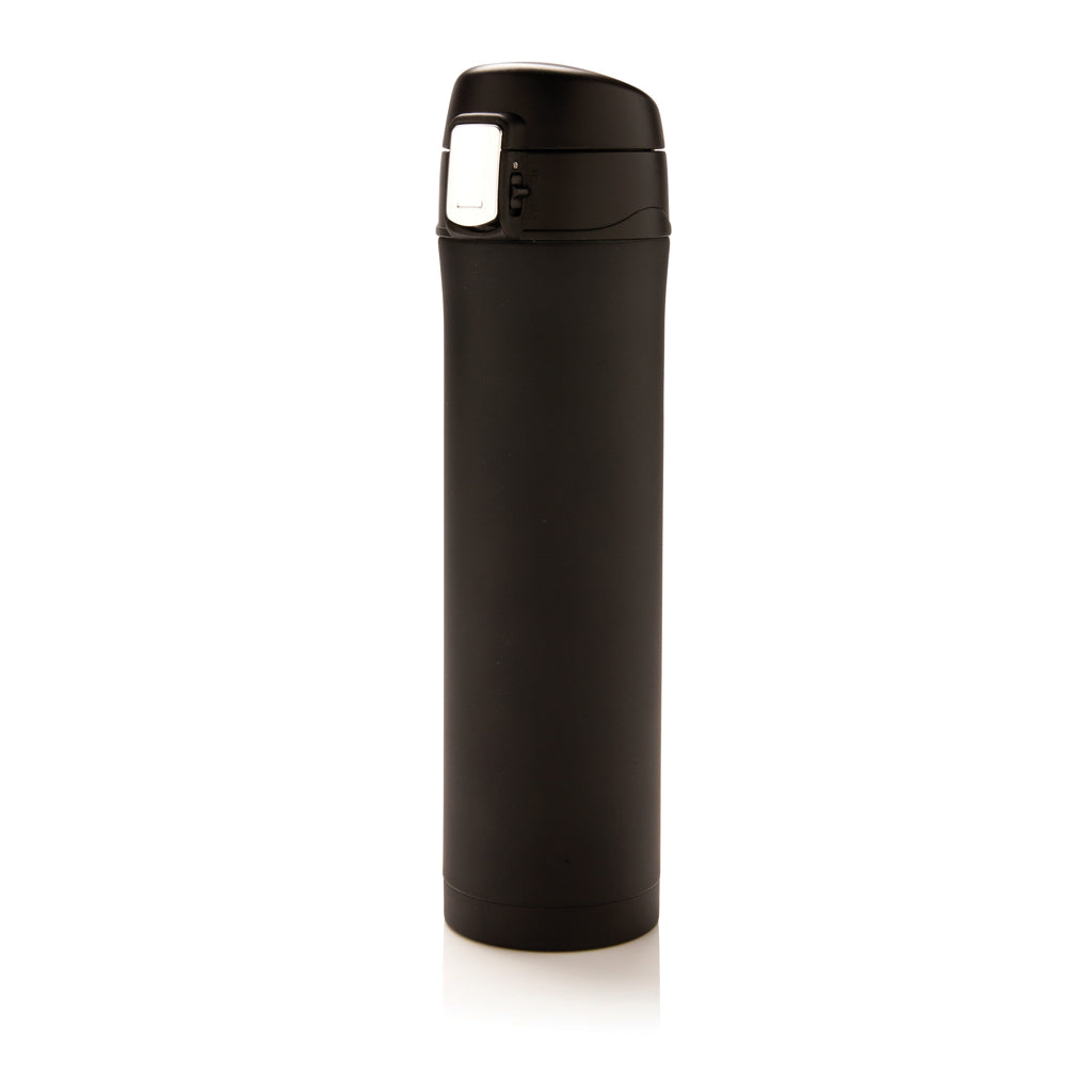 Thermosfles met afsluitbaar deksel, gerecycled RVS, zwart