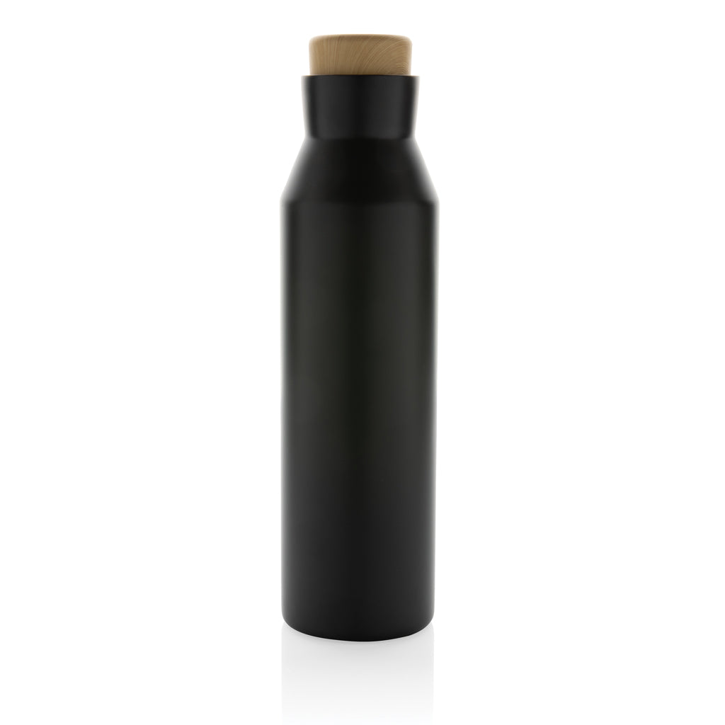 Vacuümfles 600 ml met houten dop, gerecycled RVS, zwart