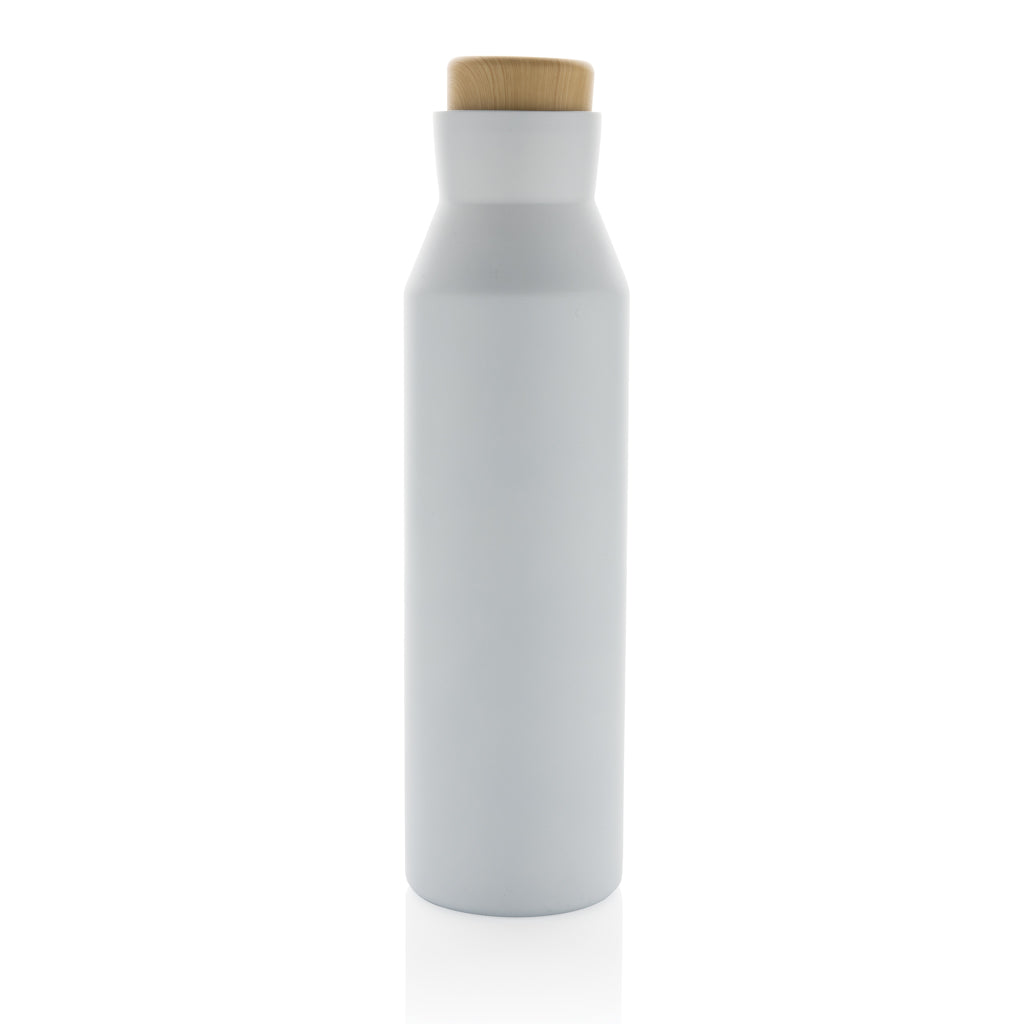Vacuümfles 600 ml met houten dop, gerecycled RVS, wit