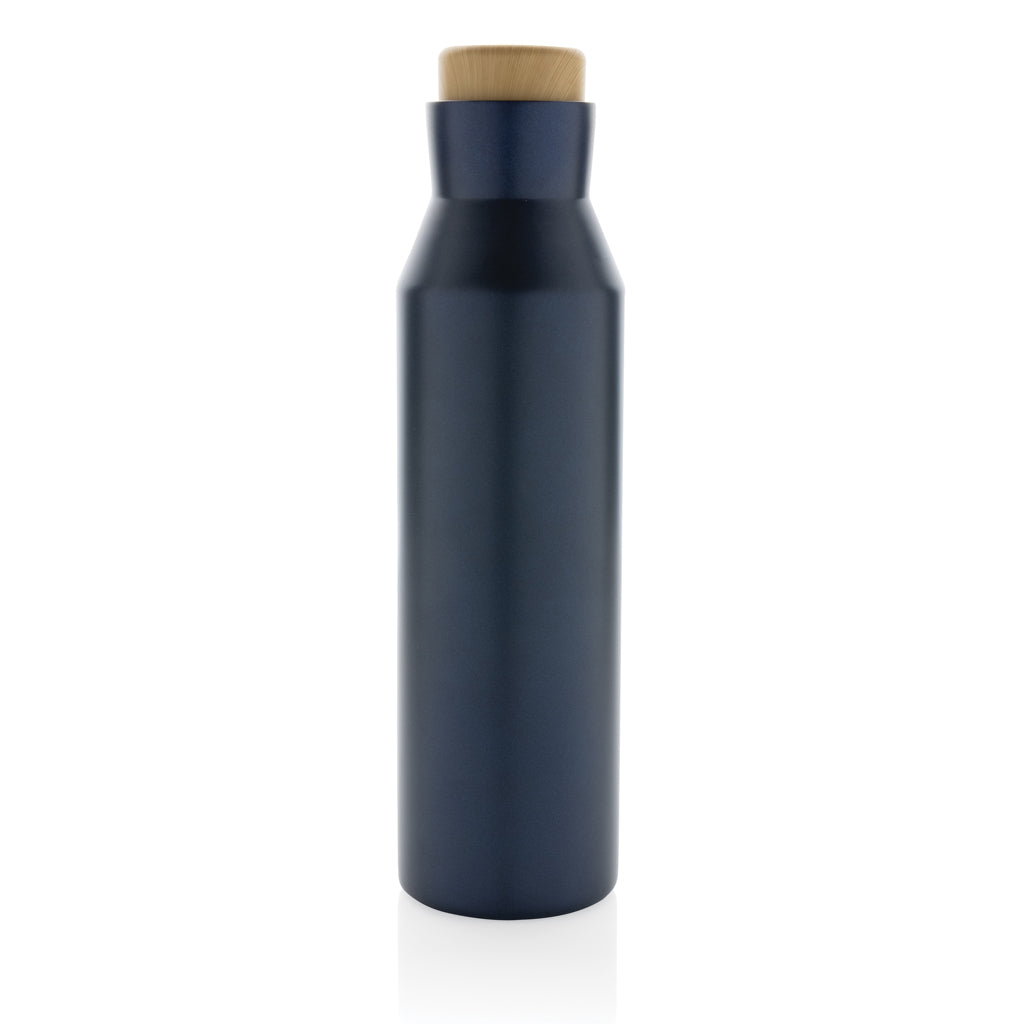 Vacuümfles 600 ml met houten dop, gerecycled RVS, blauw