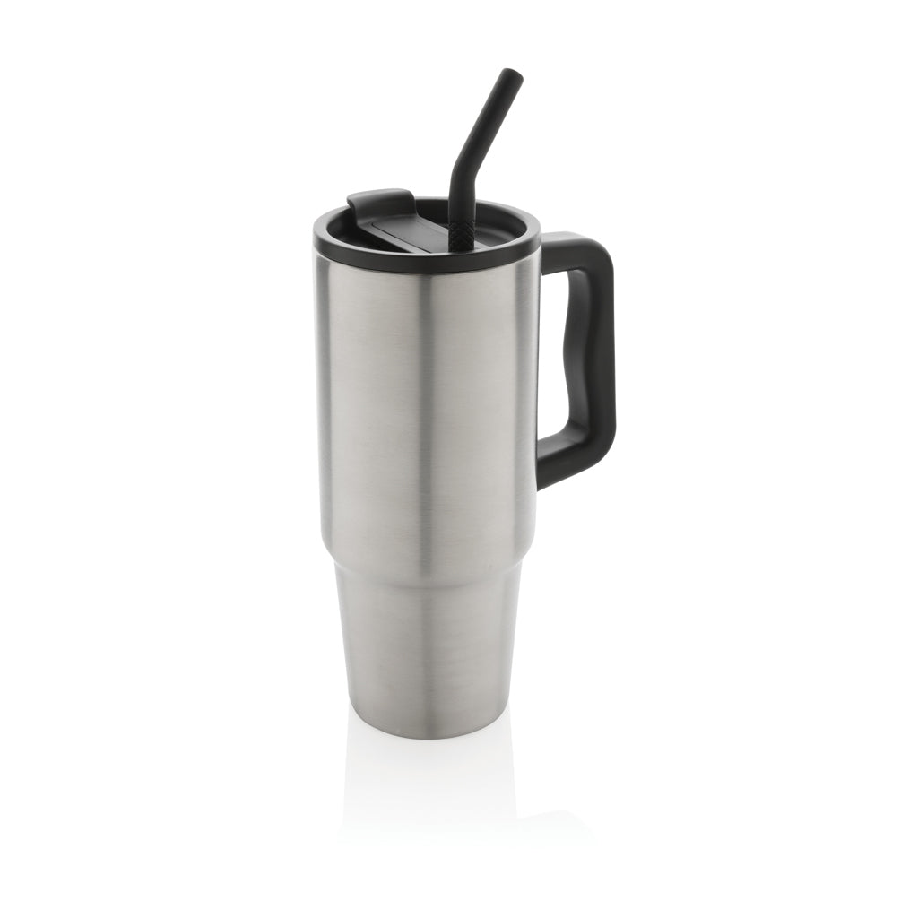 Drinkbeker 900 ml met rietje en handvat, zilver