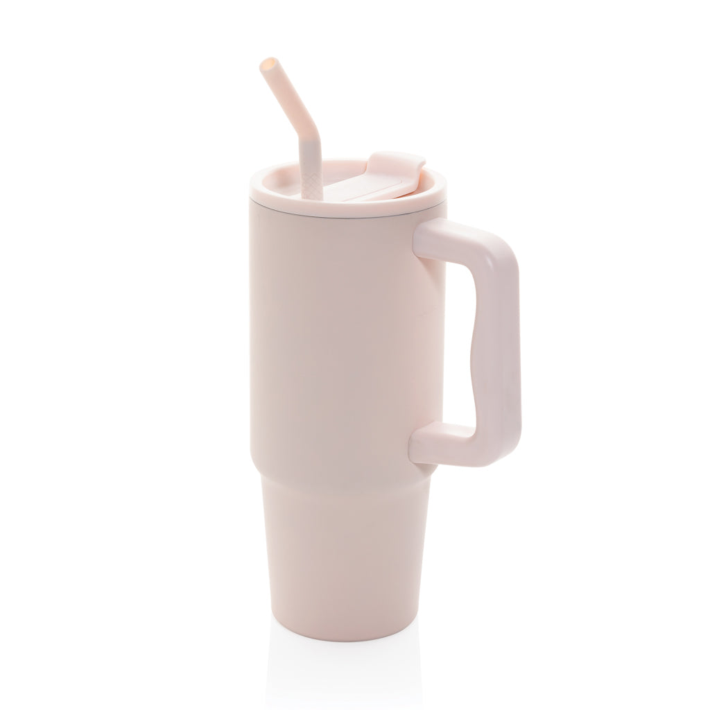 Drinkbeker 900 ml met rietje en handvat, roze