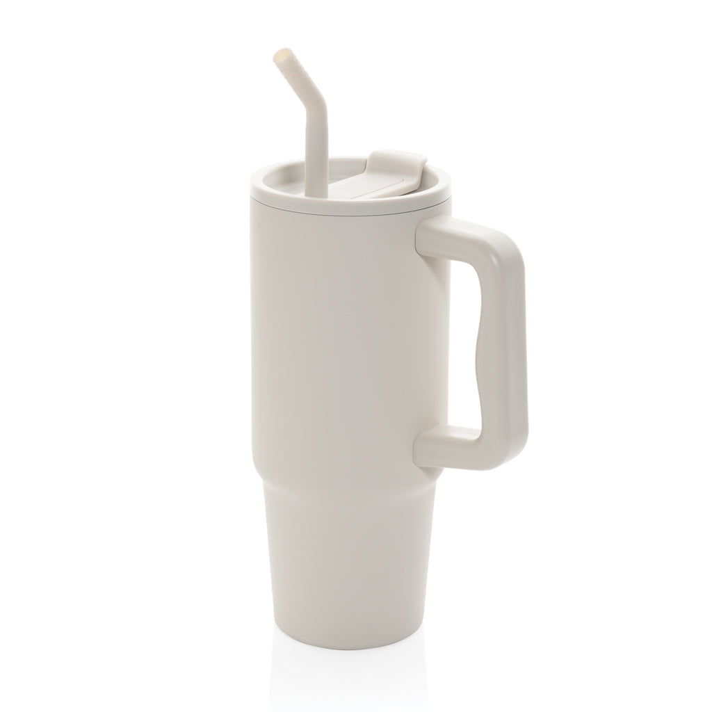 Drinkbeker 900 ml met rietje en handvat, beige