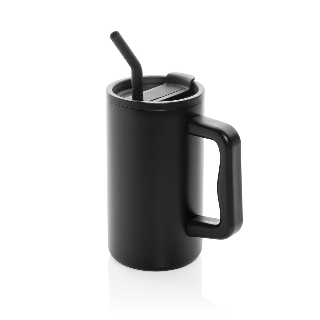 Kantoorbeker 800 ml met handvat en rietje, zwart