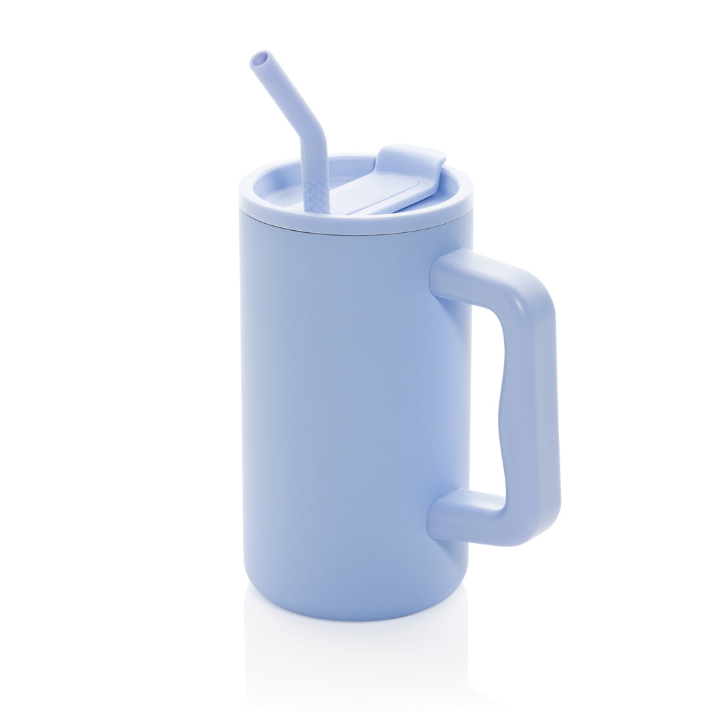 Kantoorbeker 800 ml met handvat en rietje, lichtblauw