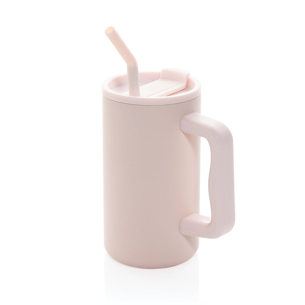Kantoorbeker 800 ml met handvat en rietje, roze