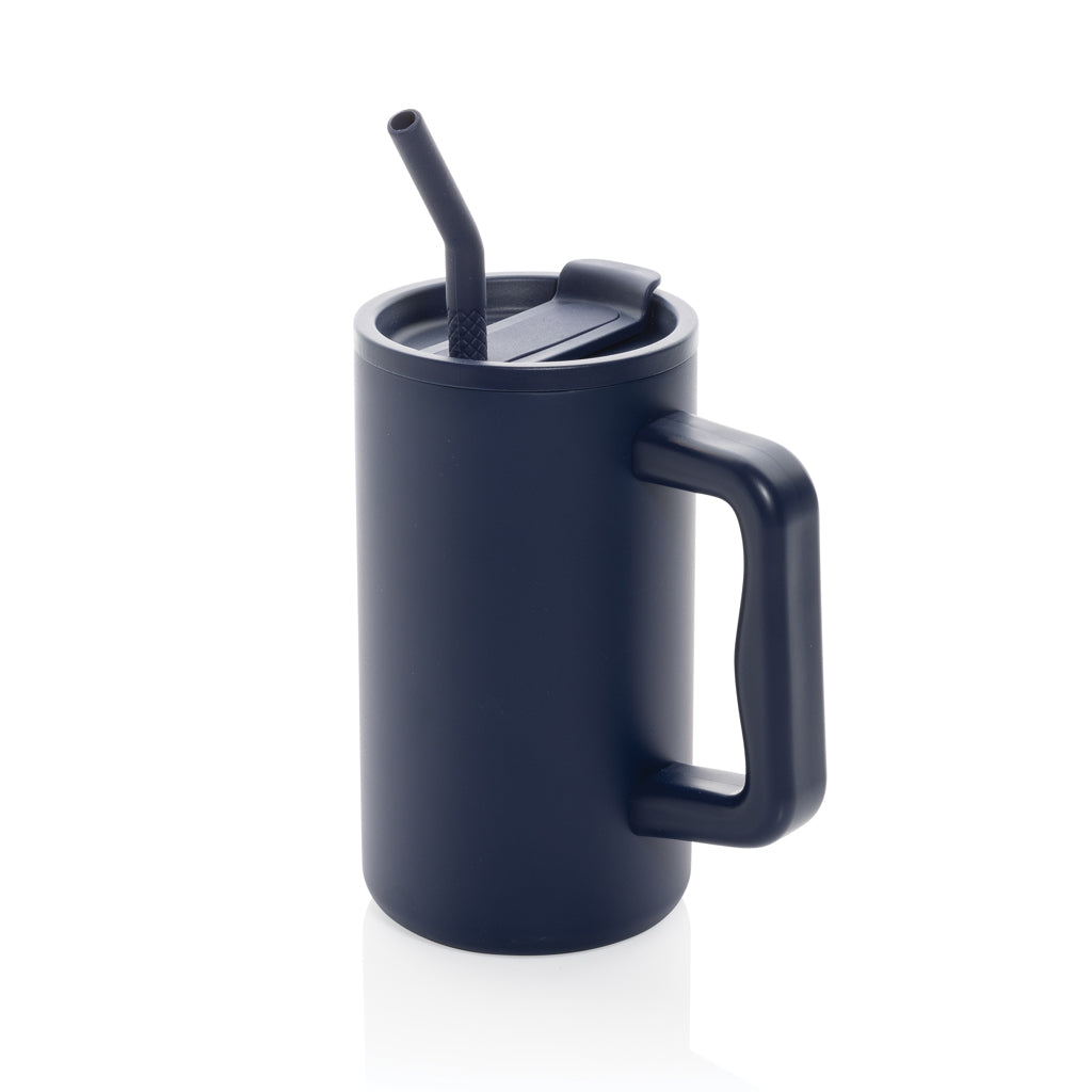 Kantoorbeker 800 ml met handvat en rietje, donkerblauw