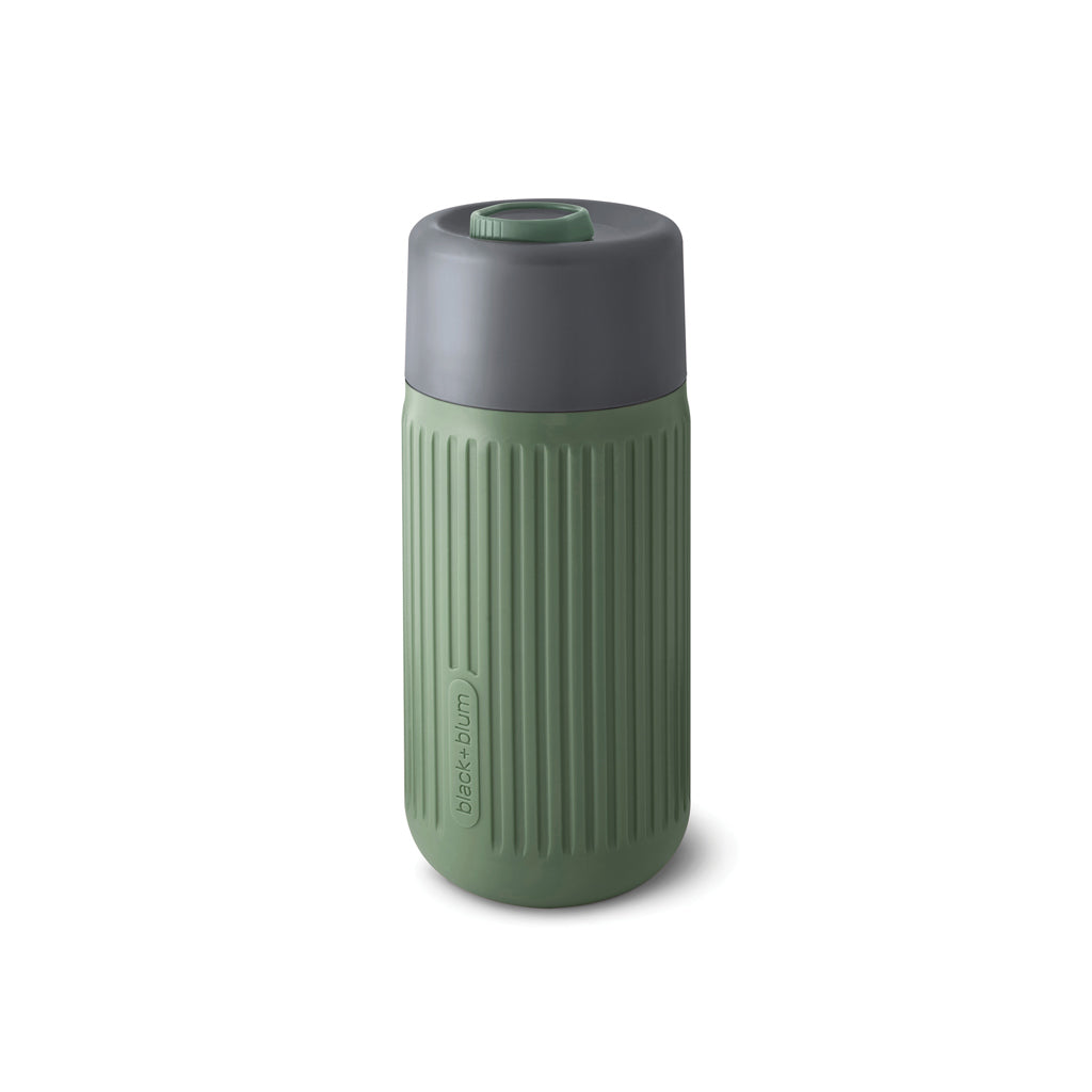 Reisbeker van glas met siliconen hoes, 340 ml, olijfgroen