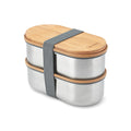 Dubbele bentobox van RVS met bamboe deksel en vork, grijs