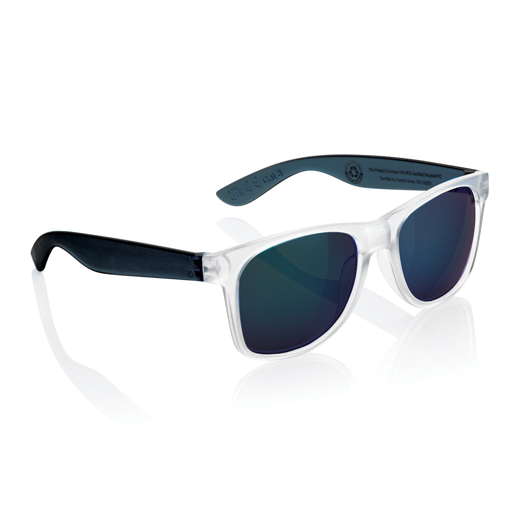 Zonnebril met gekleurd spiegelglas, transparant montuur, blauw