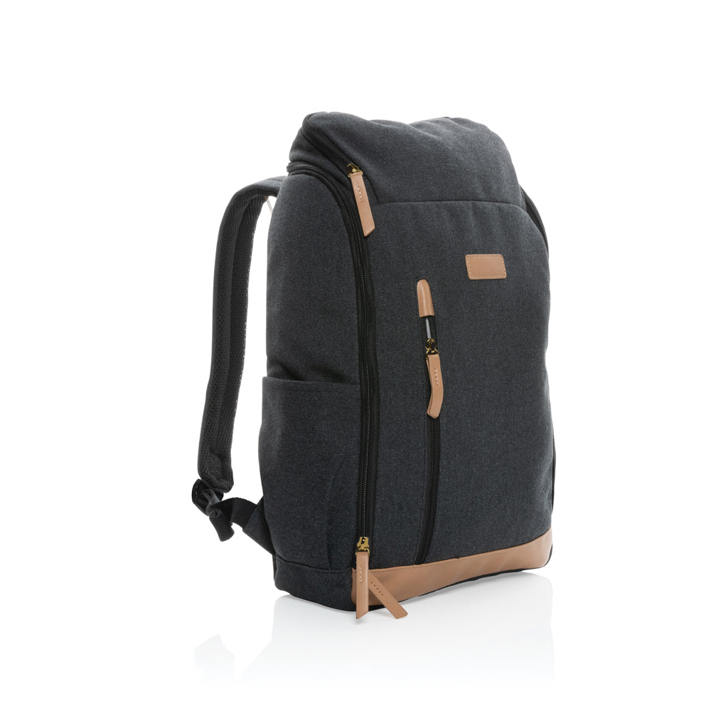 Rugzak met 15" laptopvak, gerecycled katoen en kunstleer, zwart
