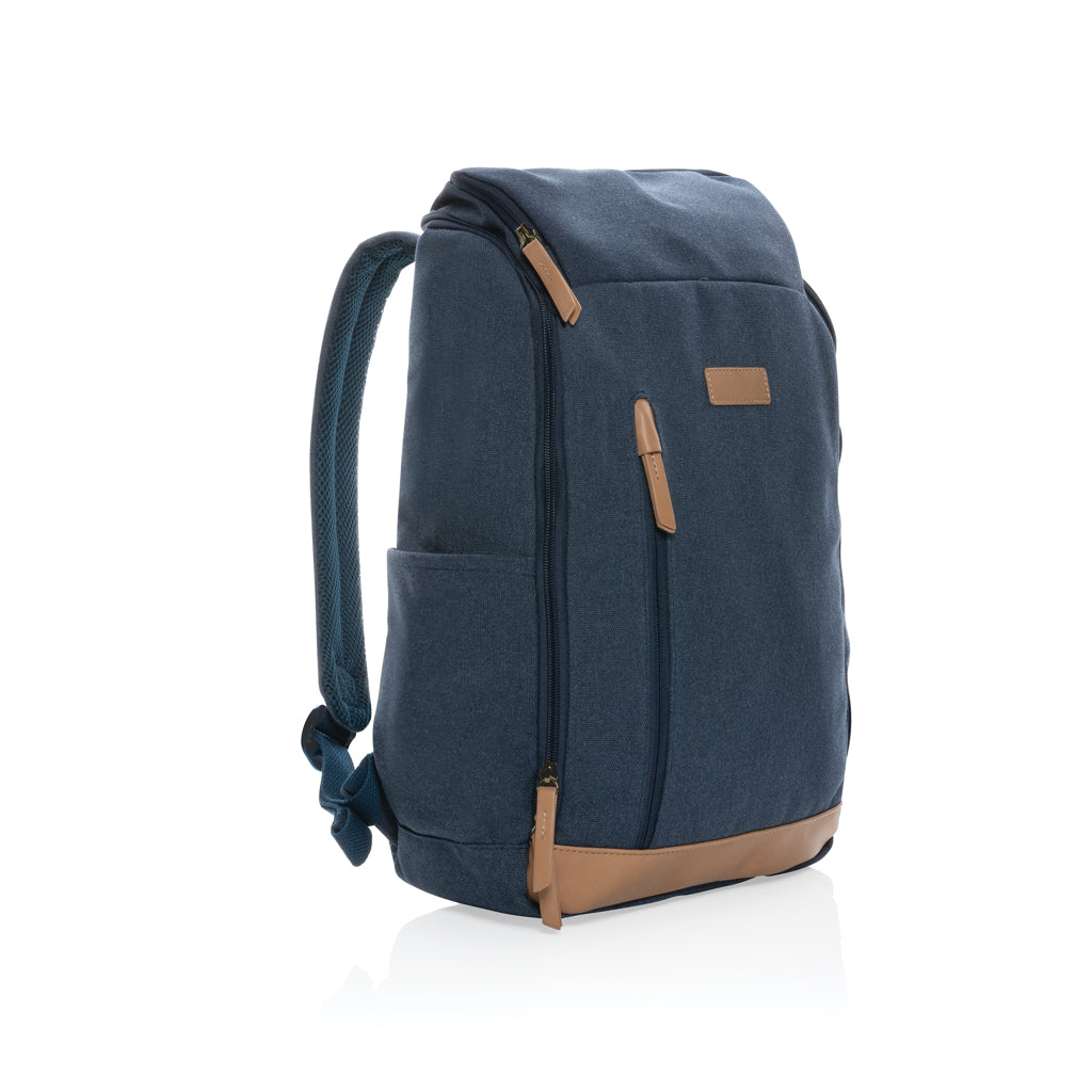 Rugzak met 15" laptopvak, gerecycled katoen en kunstleer, blauw