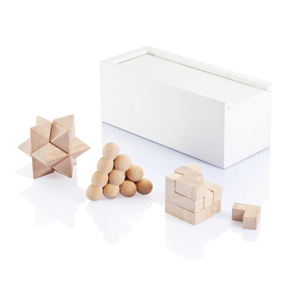 Hersenkrakerset met 3 puzzels in houten kist, wit