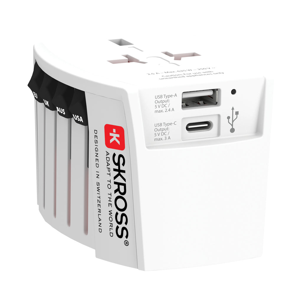 Wereldreisadapter 2-polig met USB-A en USB-C, wit