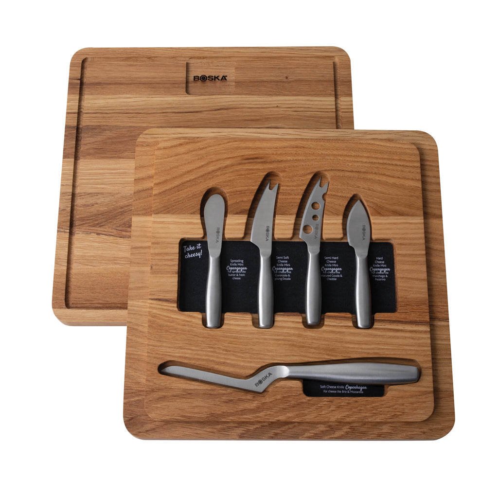 Kaasplank met 5 messen, compact, bruin