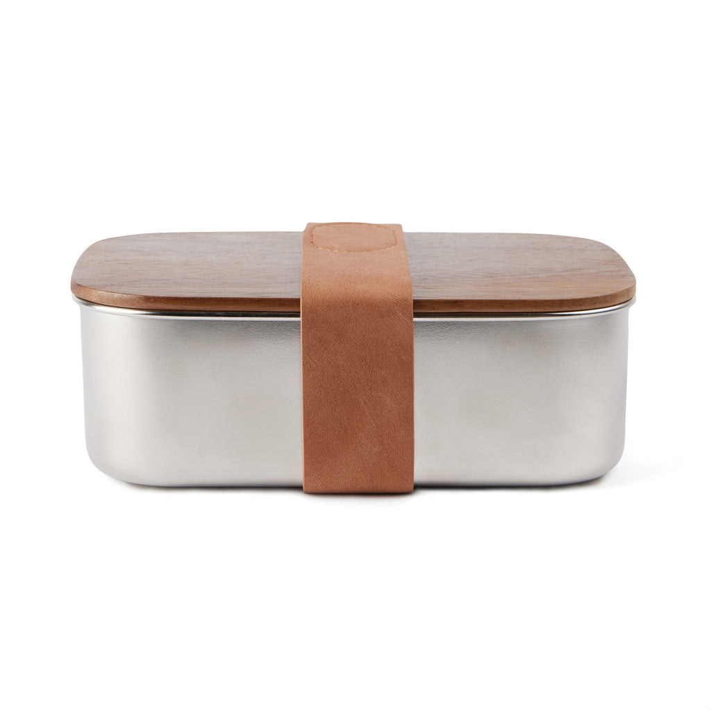 Lunchbox van gerecycled roestvrij staal met houten deksel, staal
