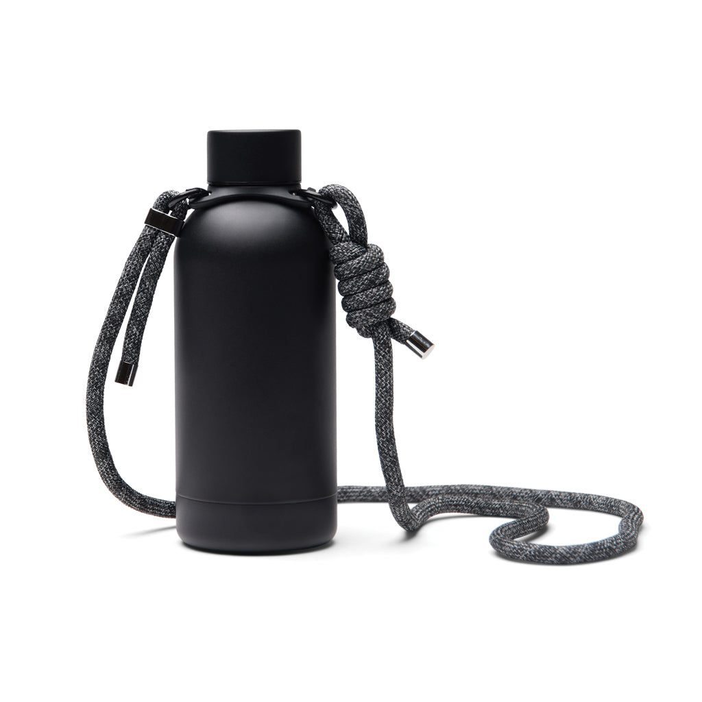Drinkfles 400 ml met schouderriem, gerecycled RVS, zwart